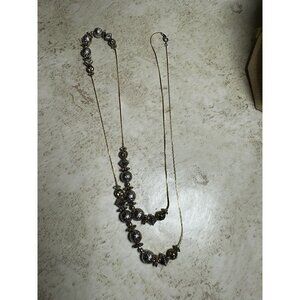 Station Necklace Silver & Gold Tone Beads On A Herringbone Long Dainty Chain 36”